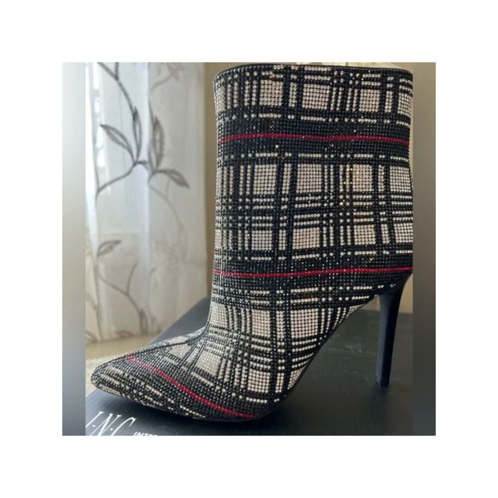 INC Womens Black Plaid Rhinestone Comfort Reisa Pointed Toe Stiletto Booties 5 M